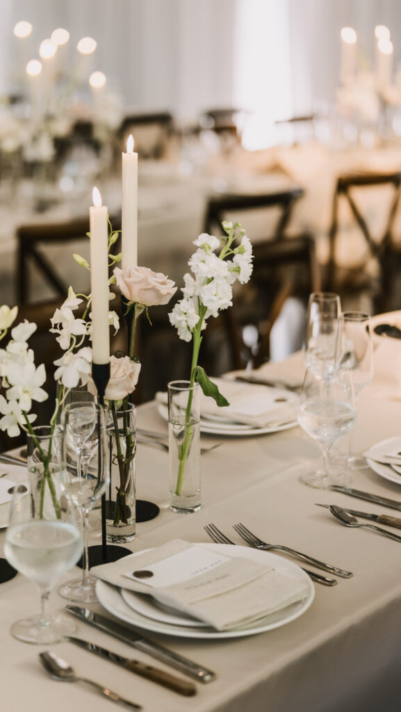 All white place setting in the private room. 