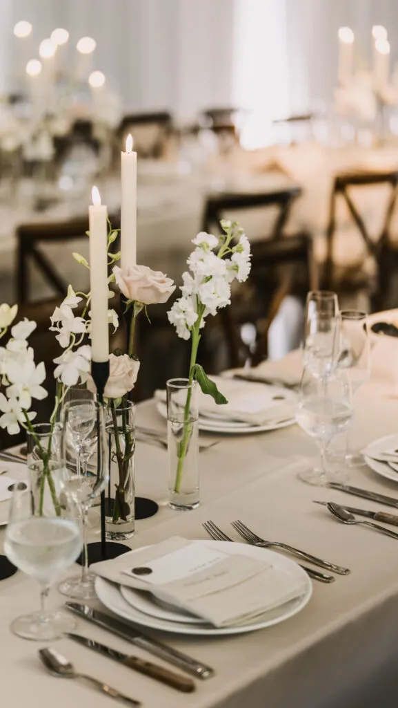 All white place setting in the private room.